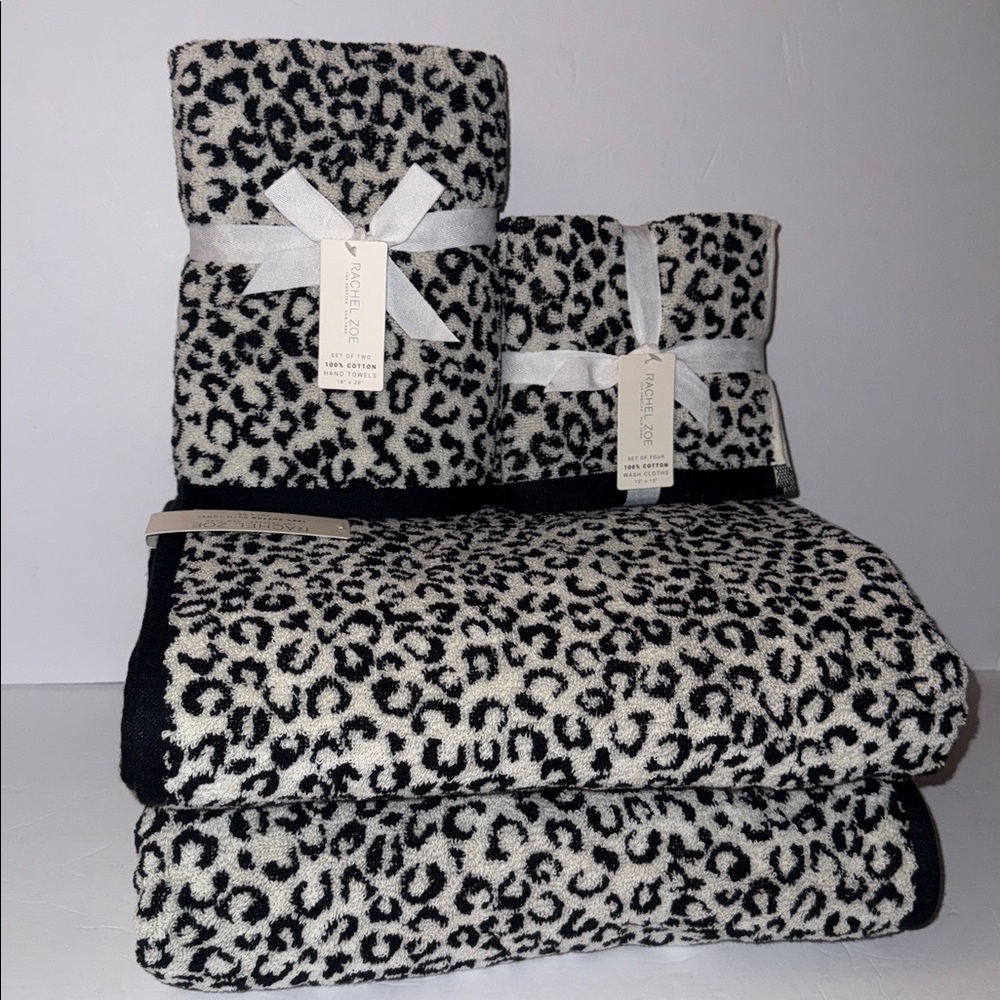 NWT Rachel Zoe 8 Pc 100% Cotton Bath Towel Set Black White Leopard Animal Print
